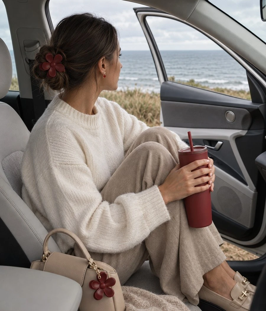 Model draagt de Agate Cushion Studs onderweg naar zee, ontspannen in de auto