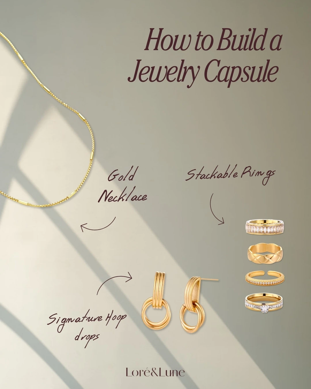 Post 'How to Build a Jewelry Capsule': een gouden ketting, hoop drops en vier stapelringen met handgeschreven labels