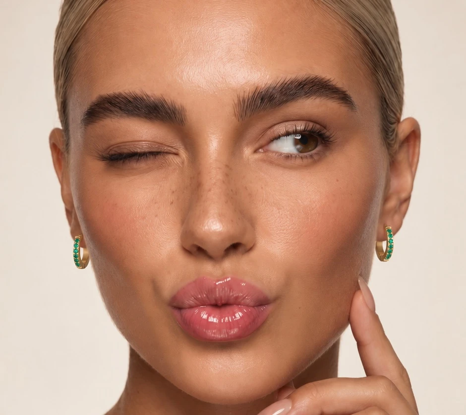 Model draagt de Verdant Stone Huggies in beide oren, met een knipoog